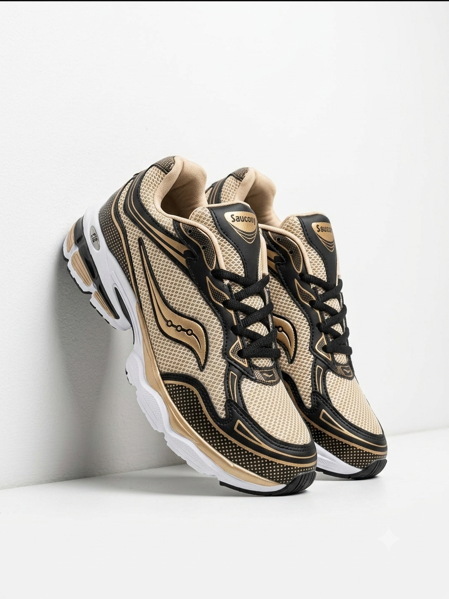 کفش کتانی اسپرت مردانه ساکونی (Saucony) مدل ProGrid - رنگ مشکی طلایی کرم