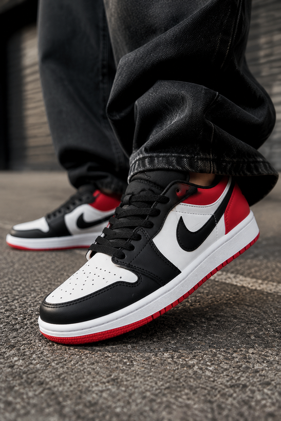 کتانی دخترانه نایک ایر جردن ۱ لو (Nike Air Jordan 1 Low) رنگ قرمز، مشکی و سفید