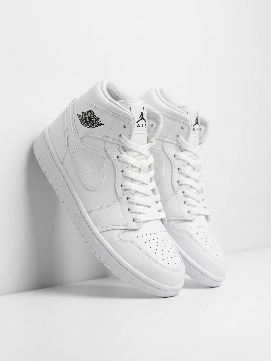 کفش بسکتبال نایکی دخترانه ایر جردن ۱ ساقدار مید تمام سفید - Nike Air Jordan 1 Mid Triple White